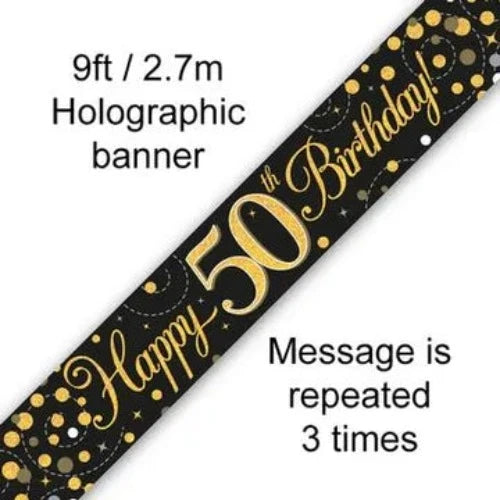 9ft Banner Sparkling Fizz 50th Birthday Black & Gold Holographic