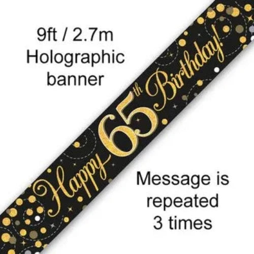 9ft Banner Sparkling Fizz 65th Birthday Black & Gold Holographic