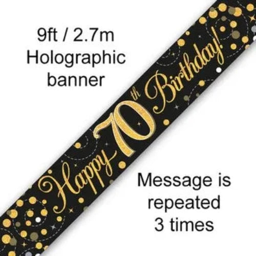 9ft Banner Sparkling Fizz 70th Birthday Black & Gold Holographic