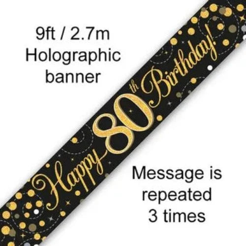 9ft Banner Sparkling Fizz 80th Birthday Black & Gold Holographic