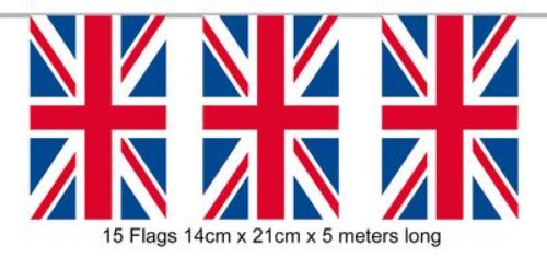 Queens Jubilee Party Bunting - Rectangle Union Jack Flags 14 x 21cm - 5m -15 flags