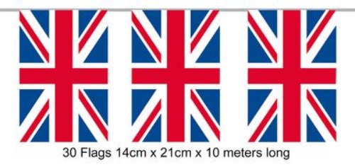 Kings Coronation  Party Bunting - Rectangle Union Jack Flags 14 x 21cm - 10m -30 flags
