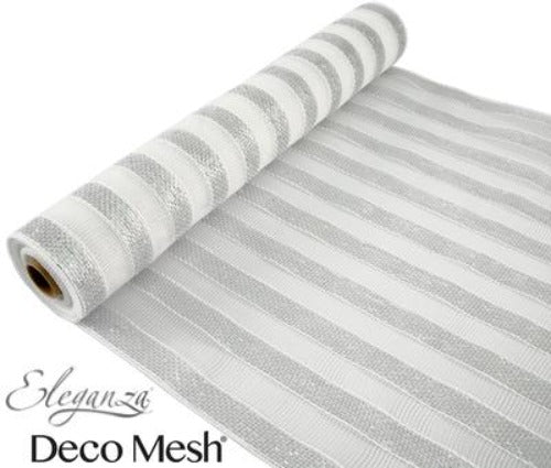 Deco Mesh 53cm x 9.1m (10yds) - Metallic Silver & White Stripe