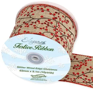 Wired Edge Christmas Glitter Berries 63mm x 9.1m Design No.376 Natural/Red