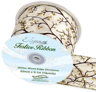 Wired Edge Christmas Glitter Berries 63mm x 9.1m Design  Ivory/Gold