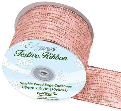 Satin Wired Edge Festive Shimmer 63mm x 9.1m - Rose Gold