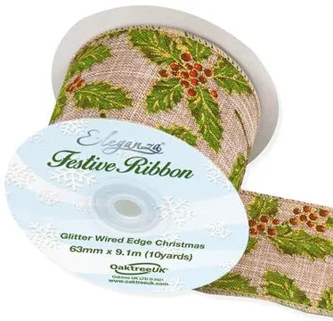 Wired Edge Holly Ribbon Roll - 63mm x 9.1m