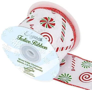 Wired Edge Christmas Candy Cane 63mm x 9.1m