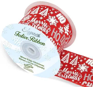Wired Edge Merry Christmas Ribbon 63mm x 9.1m