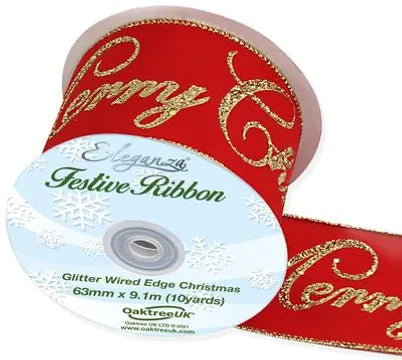 Wired Edge Merry Christmas Ribbon 63mm x 9.1m Red