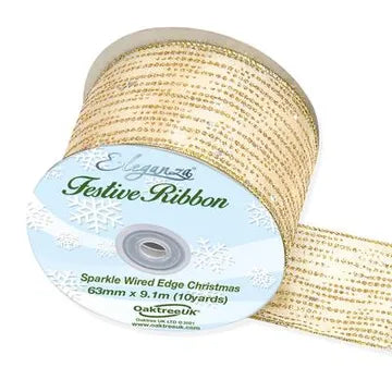 Satin Wired Edge Festive Shimmer 63mm x 9.1m -  Gold