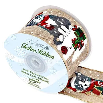 Wired Edge Snow Cat Natural Ribbon 63mm x 9.1m