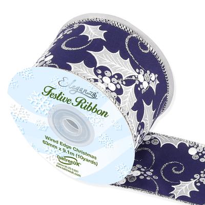 Wired Edge Metallic Holly/Berries Ribbon 63mm x 9.1m