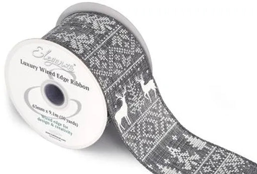 Wired Edge Woven Festive Reindeer Ribbon 63mm x 9.1m Grey | White