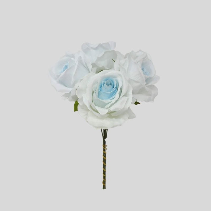 6 Wired Stem Rose Bundle x 27cm - Blue & White