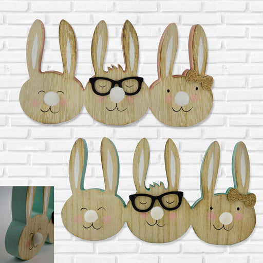 3 Bunny Faces Wooden Stand x 23cm - Colour Selected at Random