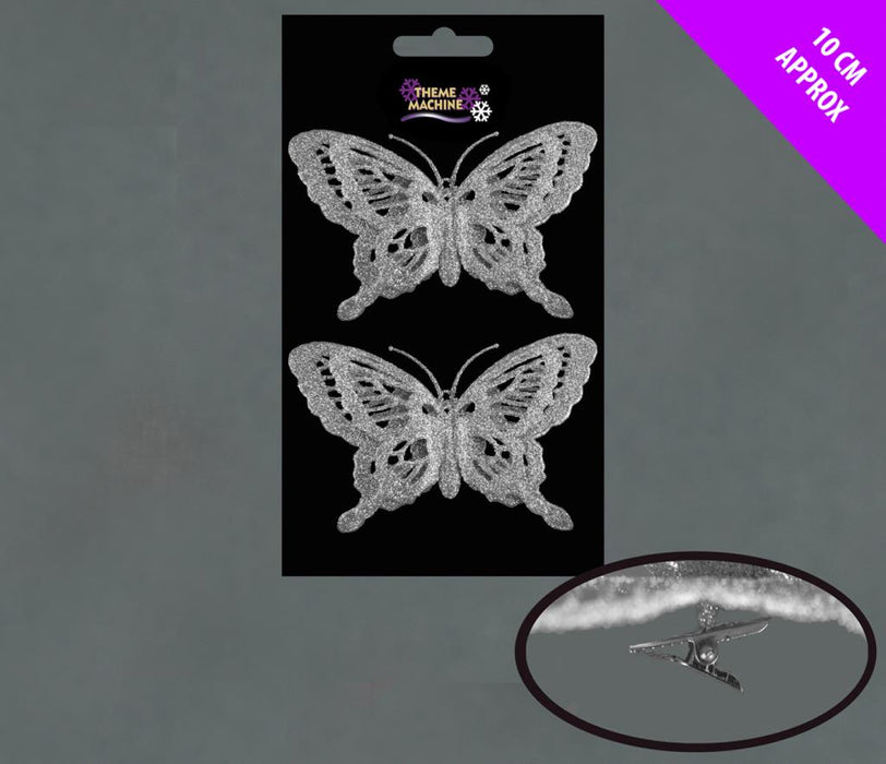 2 Silver Glitter Butterflies x 10cm