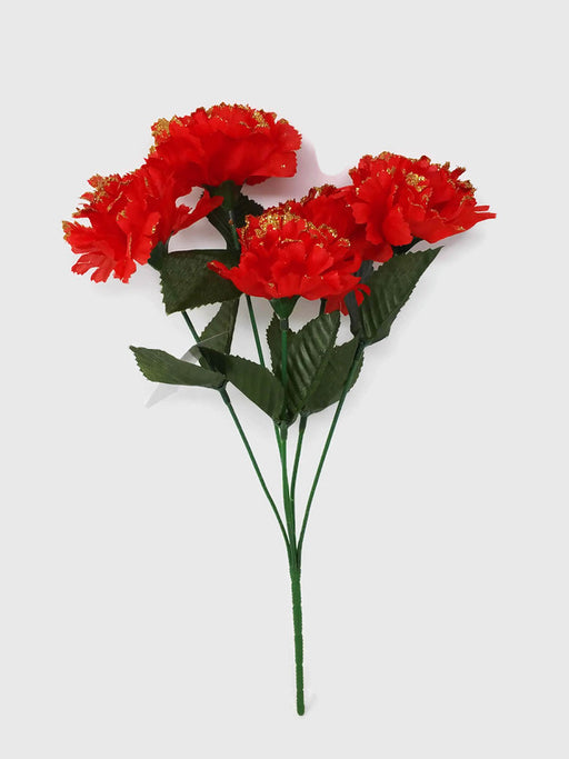 5 Head Glitter Edge Carnation Bush  - Red with Gold Glitter