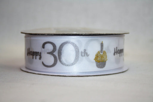 Happy 30th Gold & Silver on White Satin Ribbon 25mm