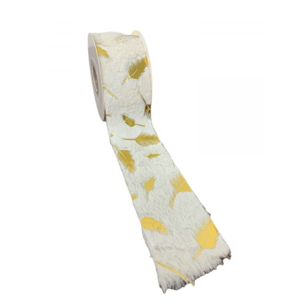 White Faux Fur Ribbon with Gold Leaf 63mm x 10yds