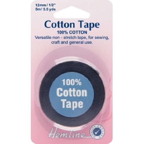 100% Cotton Non Stretch Tape 5m x 12mm - Black
