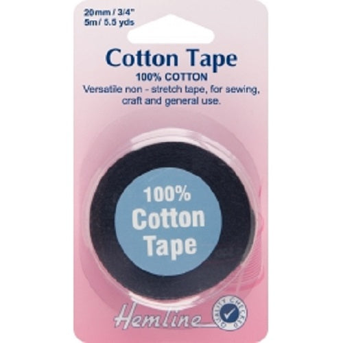 100% Cotton Non Stretch Tape 5m x 20mm - Black