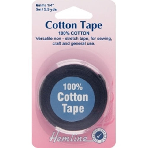 100% Cotton Non Stretch Tape 5m x 6mm - Black