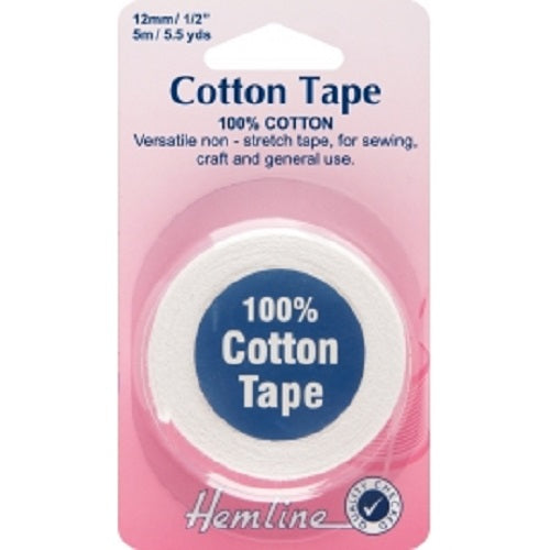 100% Cotton Non Stretch Tape 5m x 12mm - White