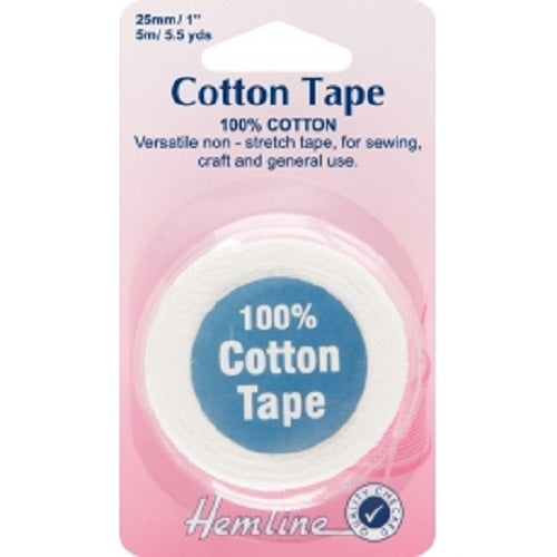 100% Cotton Non Stretch Tape 5m x 25mm - Black or White