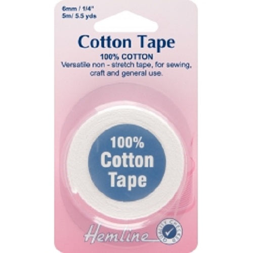 100% Cotton Non Stretch Tape 5m x 6mm -White