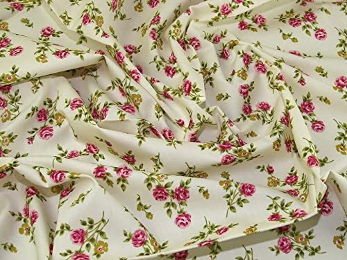 1 Metre Cream Fabric with Cerise Tea Roses 100% Cotton Fabric x 110cm Width