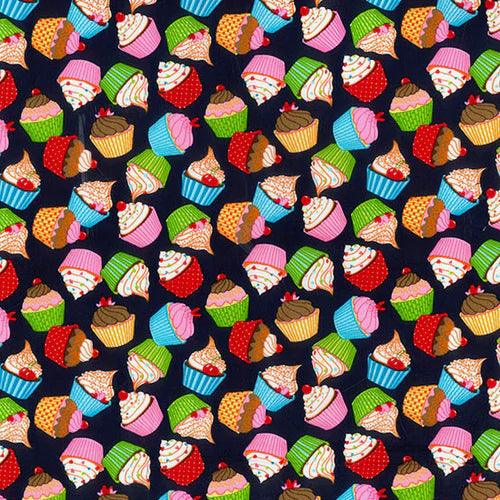 1M 100% Cotton Poplin Cupcakes on Navy black Fabric Width: 110cm (45 inches)