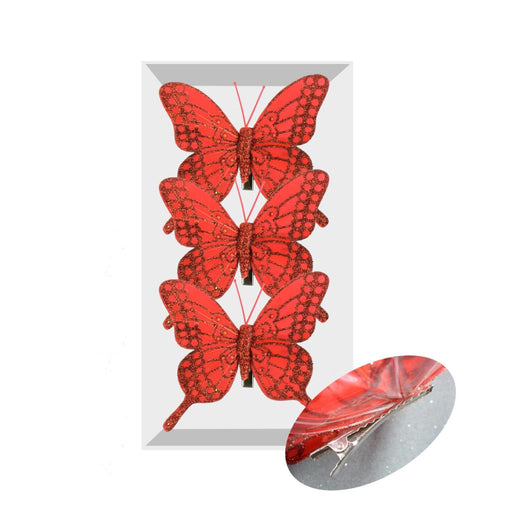 3 Clip on Glitter Butterflies - Red