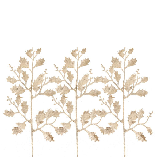 Pack of 3 Glitter Holly Sprays x 45cm - Champagne Gold