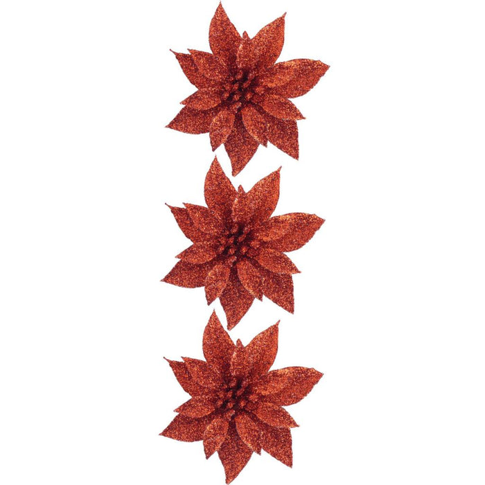 3 Clip on Glitter Poinsettia x 8cm - Red