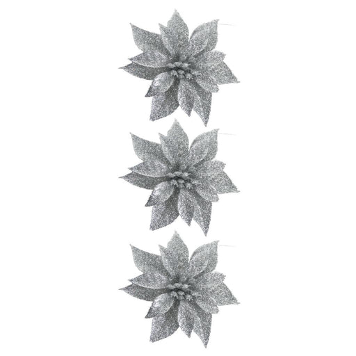 3 Clip on Glitter Poinsettia x 8cm - Silver