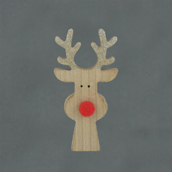 15cm Wooden Glitter Red Nose Rudolph Reindeer Head
