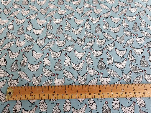 1M 100% Cotton Poplin Chickens on Duck egg Blue Fabric (45 inche width) stock location a3