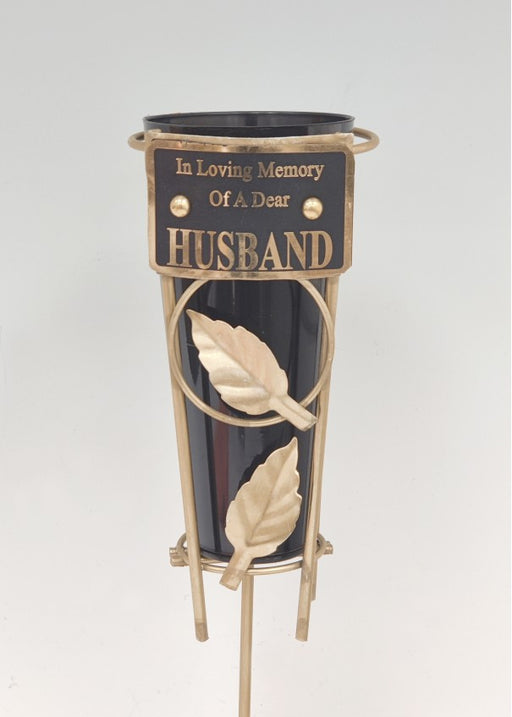 Metal Spike Gold Leaf Grave Vase - Husband