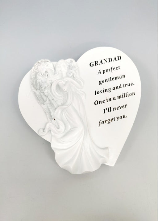 Grandad White and Silver Angel Heart Stone Plaque