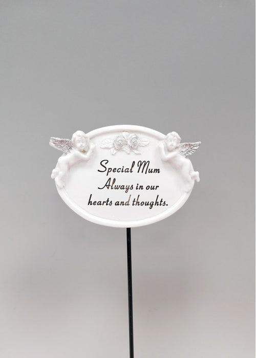 White and Silver Twin Cherub Oval Plaque Stick - Mum