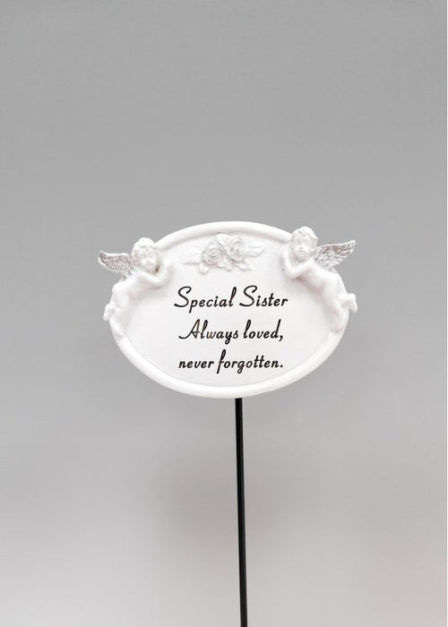 White and Silver Twin Cherub Oval Plaque Stick - Sister