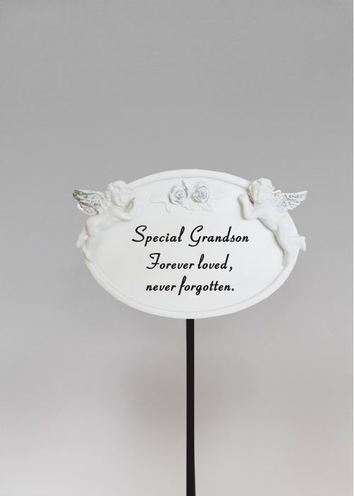 White and Silver Twin Cherub Oval Plaque Stick - Grandson
