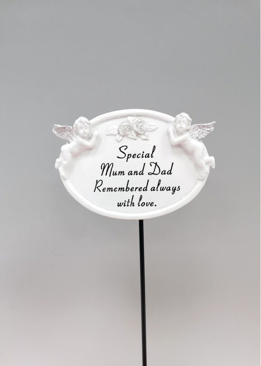 White and Silver Twin Cherub Oval Plaque Stick - Mum & Dad