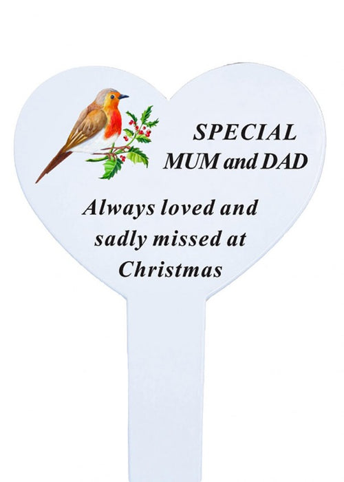 Heart-shaped Christmas Memorial Stake With Robin - Mum and Dad
