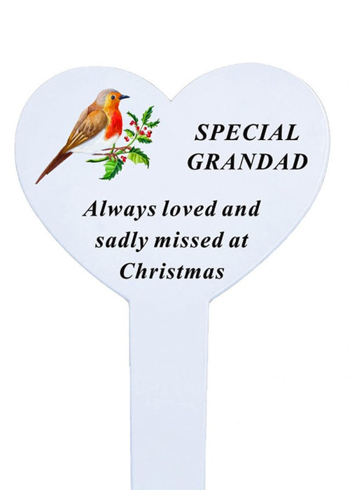 Heart-shaped Christmas Memorial Stake With Robin - Grandad