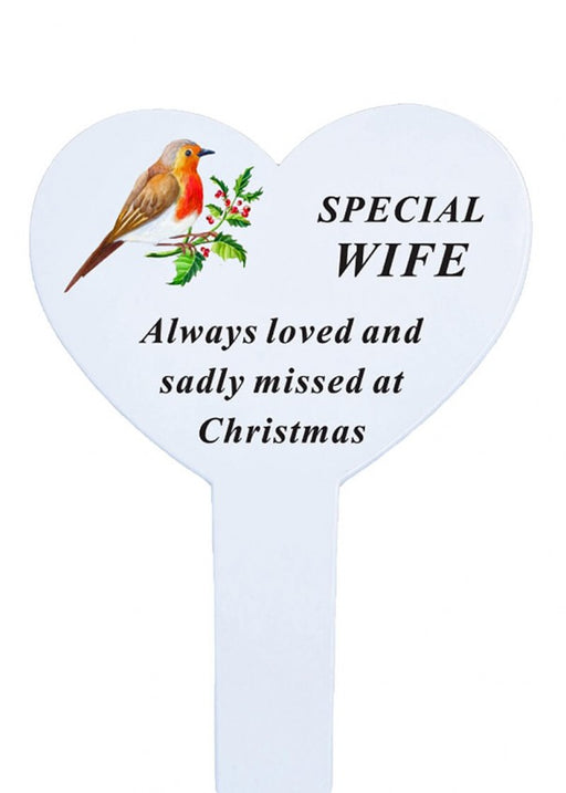 Heart shaped Christmas Memorial Stake With Robin - Wife