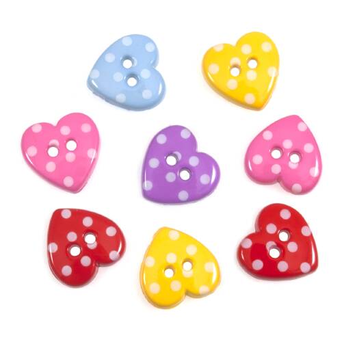 Novelty Craft Buttons, Polka Dot Spotty Hearts, Pack of 8
