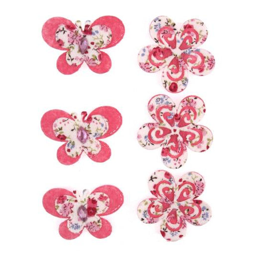 6 Pink Butterfly and Flower Stick on Embellishments