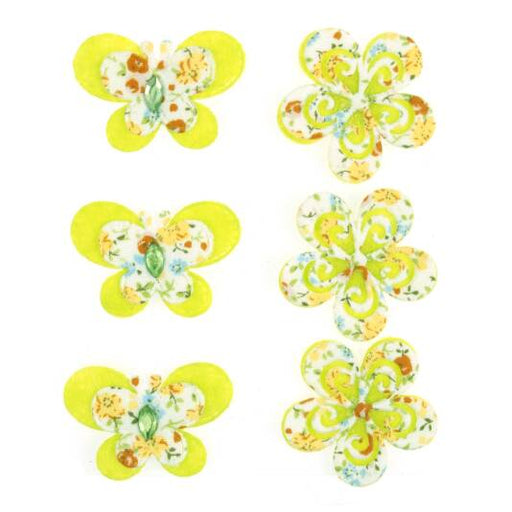Green Floral Butterfly and Flowers, Pack of 6